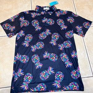 Black Pineapple-Print Polo Shirt with Multicolor Motif